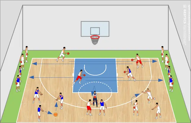 Jogo de basquetebol com bola e campo